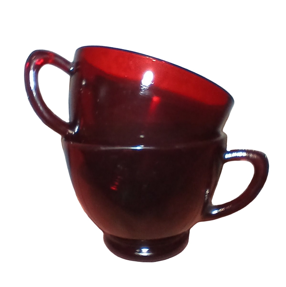 2 Cups Ruby Red Vintage Valentines Day Glass Cup Set Punch Tea Cafecore Anchor